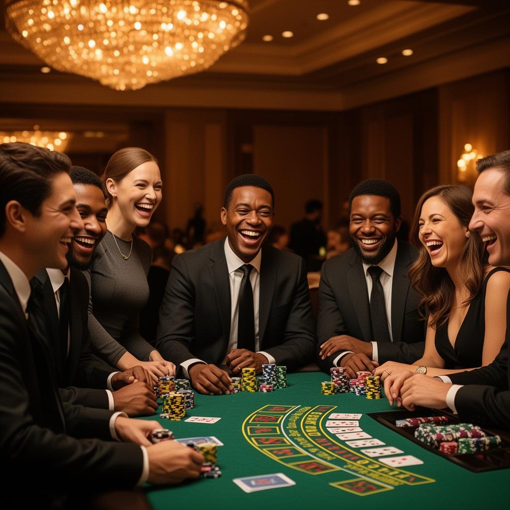 Guests laughing around a blackjack table at a Sertoma charity casino party in Indianapolis
